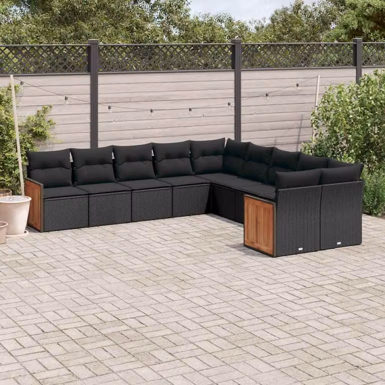 Set di divani da giardino vidaXL a forma di L composto da 10 pezzi con cuscini in polyrattan nero e struttura in acciaio verniciato a polvere
