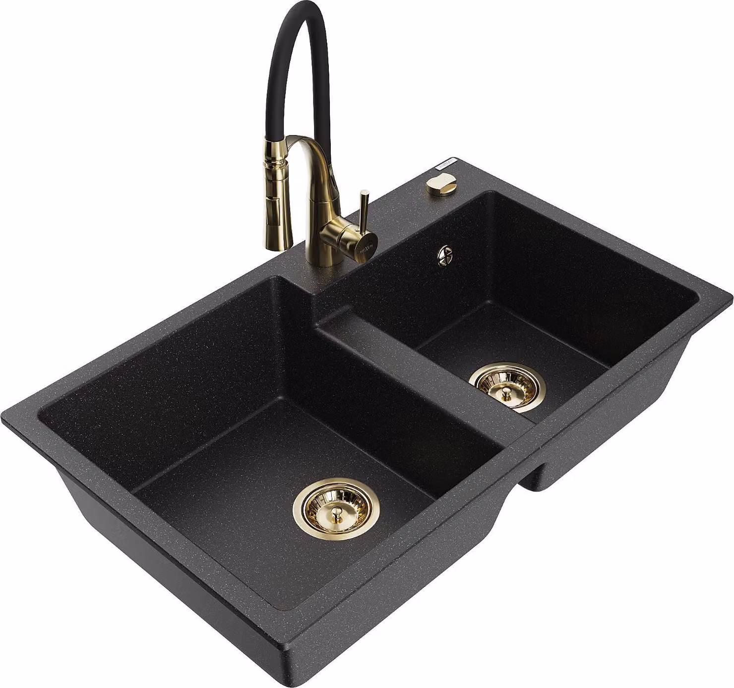 Mexen Tomas lavello da cucina in granito a 2 vasche con rubinetto Aster, nero/argento metallizzato - 6516-73-73450-57-G
