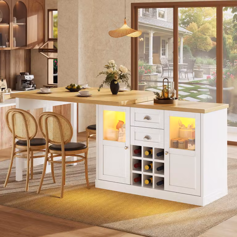 Tavolo da pranzo allungabile Flieks con illuminazione a LED a 3 colori, tavolo da cucina con vano portaoggetti, portabottiglie, girevole a 360°, 120-197 x 40 x 72 cm, bianco
