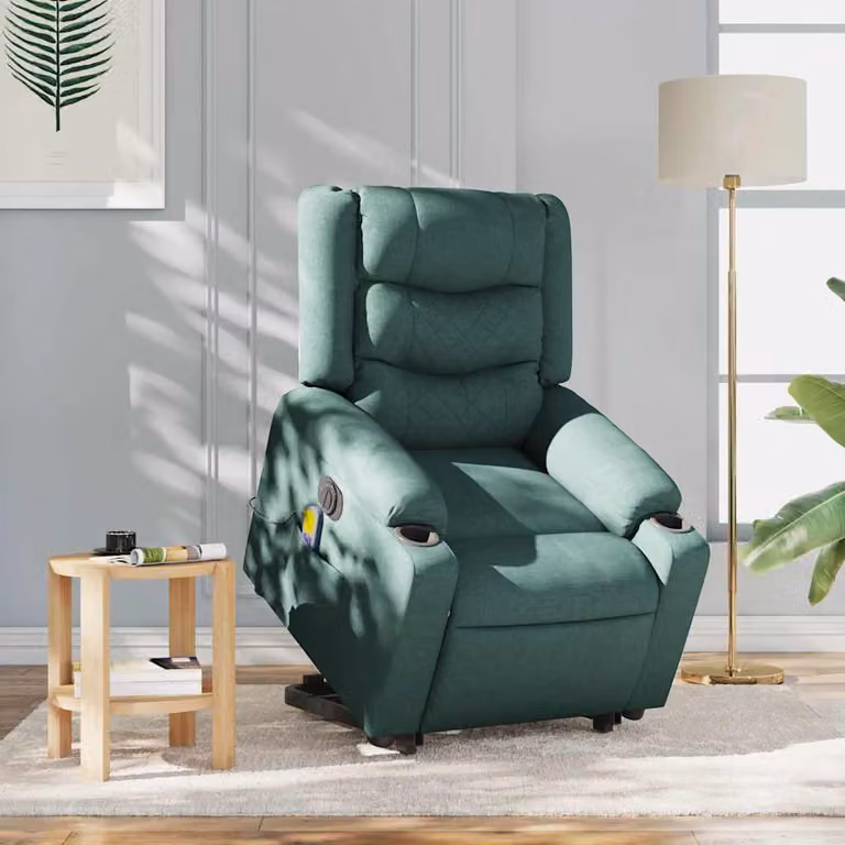 vidaXL Poltrona Alzapersona Massaggiante Elettrica Verde Scuro Tessuto