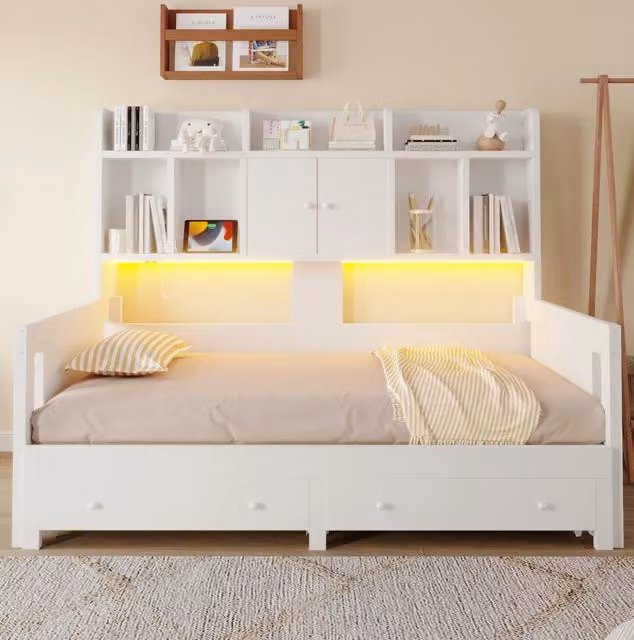 Divano letto estraibile 90x190 cm con contenitore; prese e LED in legno bianco