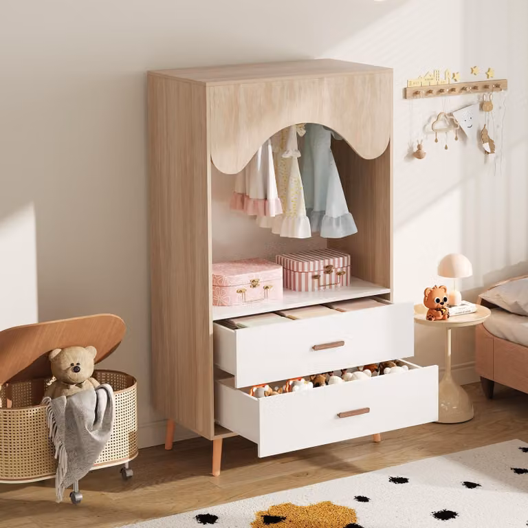 okwish Armadio a giorno con cassetti, armadio in truciolato, armadio da camera con maniglie massicce, armadio da ingresso con asta appendiabiti, Bianco + Legno naturale