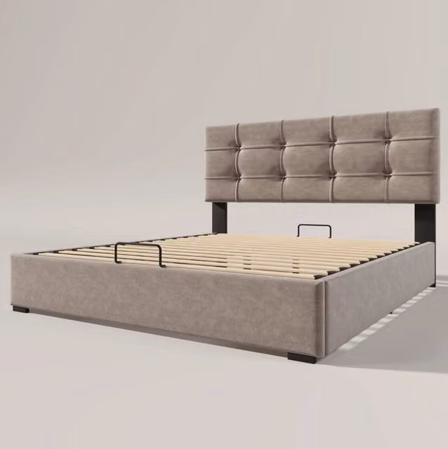 Letto matrimoniale imbottito 140x200 cm con testiera regolabile, struttura in metallo e legno, tessuto vellutato grigio chiaro con contenitore
