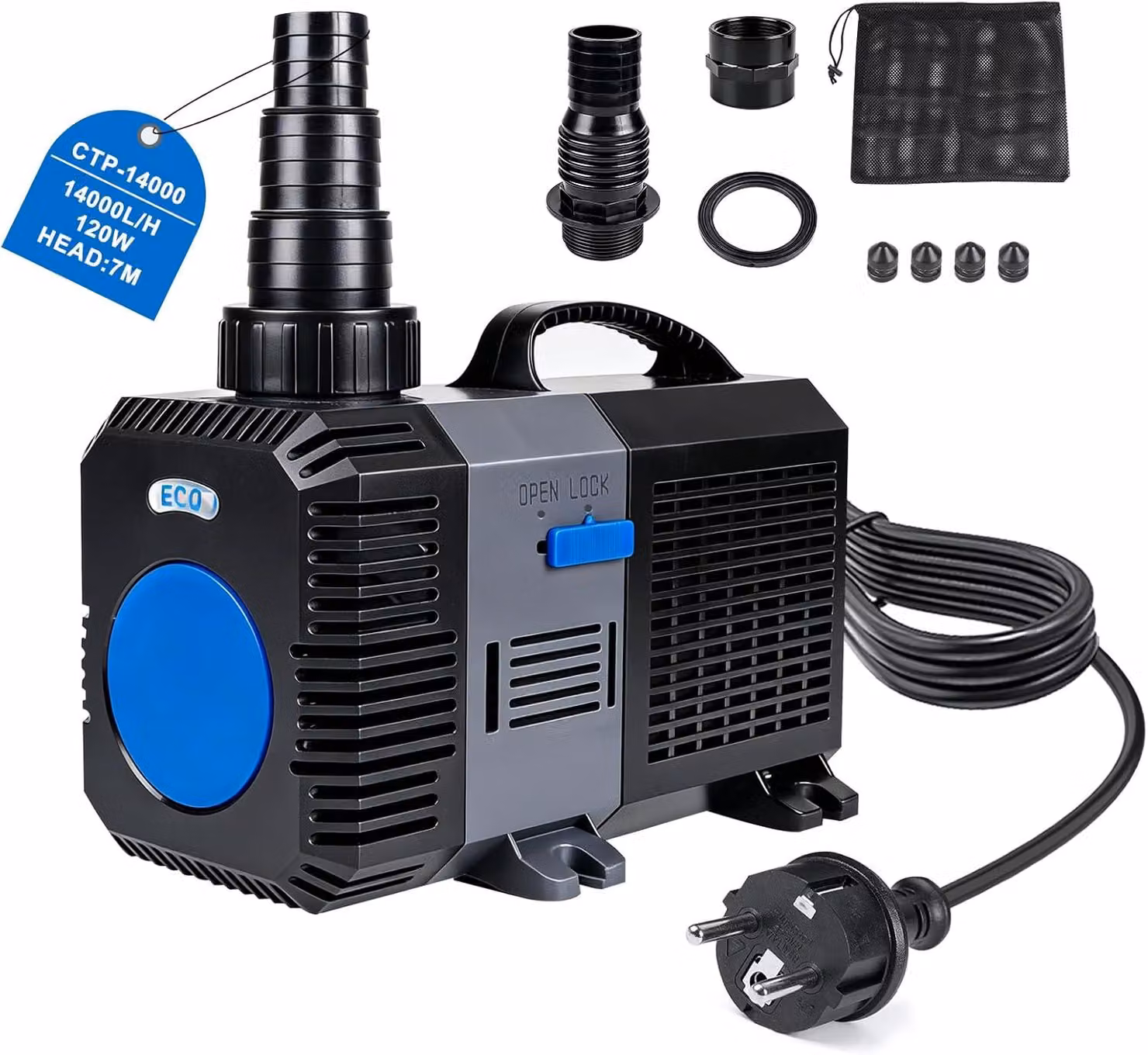 Pompa per stagno da 14000 litri/ora, 120W, per uso esterno, con sistema di filtrazione a basso consumo energetico e girante in Vetroceramica