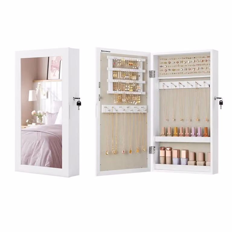 Armadietto Portagioie da Parete con Specchio e Serratura, Esterno Bianco + Interno Greige