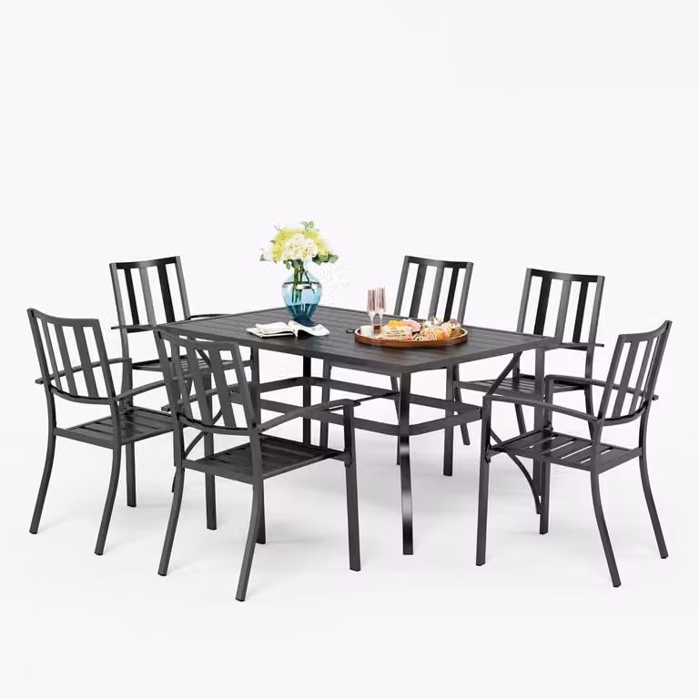 Set di mobili da giardino per 6 persone, resistente alle intemperie, composto da sedie impilabili in metallo e un tavolo di dimensioni 152x96x72 cm