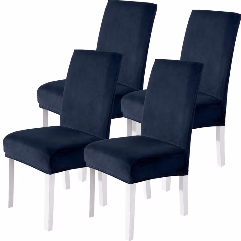Copri sedie in velluto, set da 4, blu scuro, elasticizzati, lavabili e resistenti ai graffi