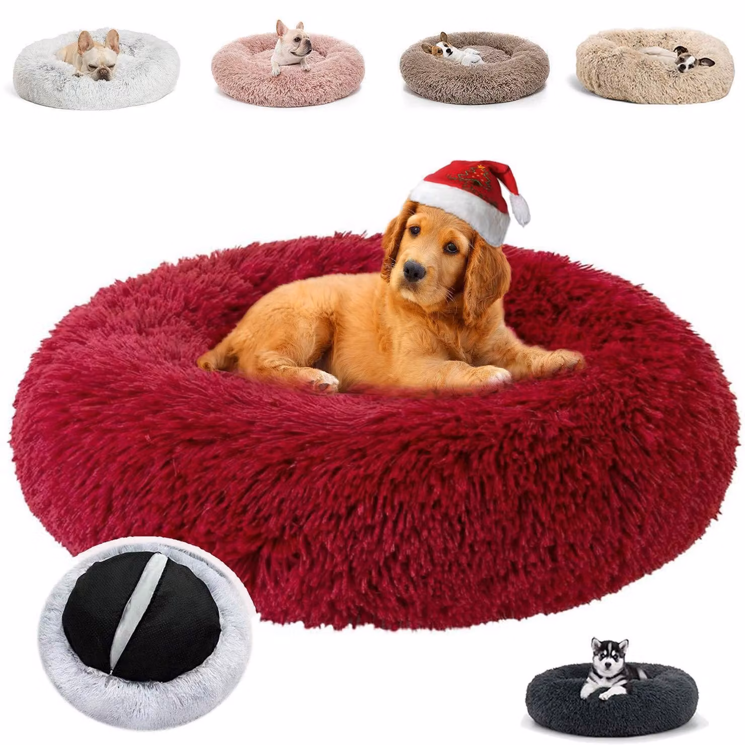 Cuccia per cani a forma di ciambella, in peluche, lavabile, colore rosso, dimensioni L: 50x50x20 cm