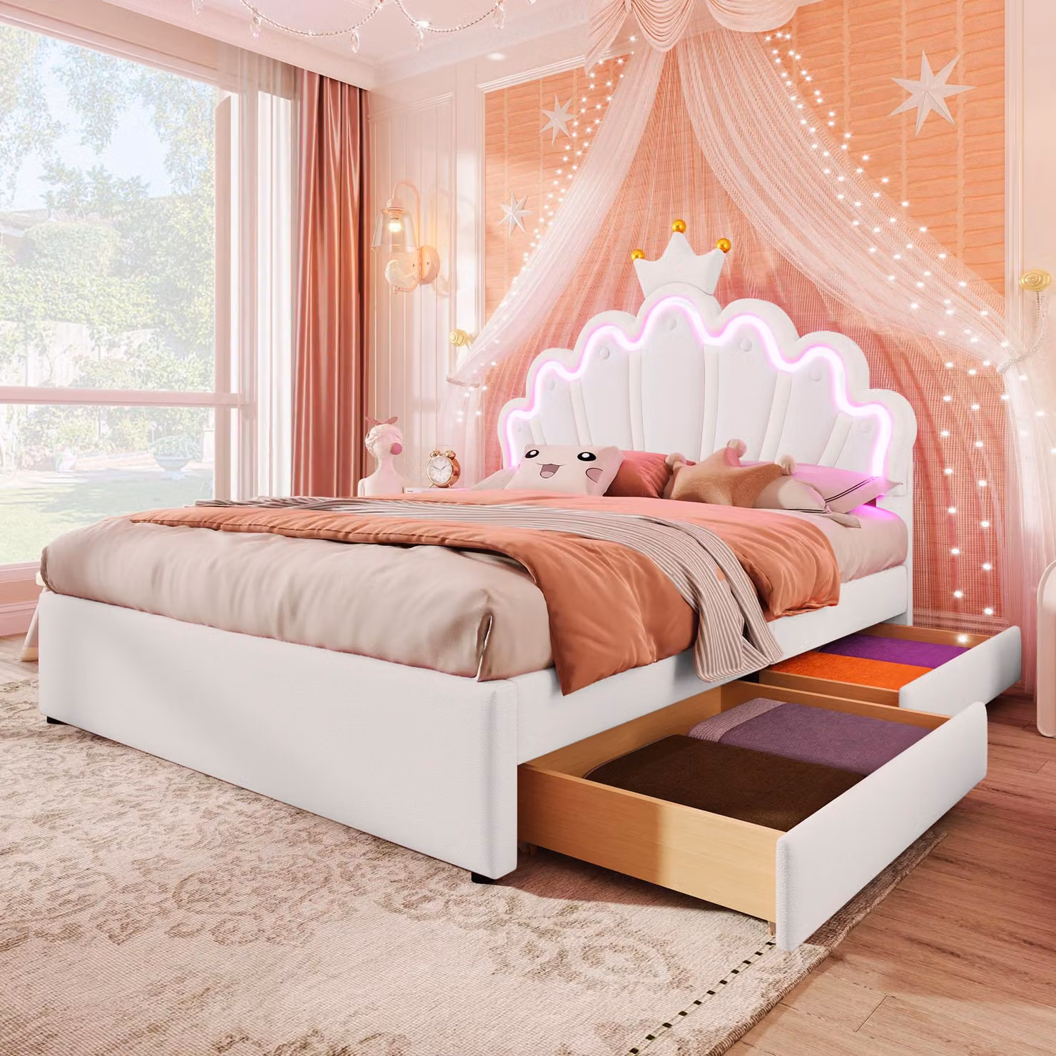 Letto imbottito 140 x 200 cm con testiera a forma di , illuminazione ambientale a LED controllabile tramite app, 2 cassetti, testiera regolabile, materiale: PU/MDF, colore: bianco/rosa