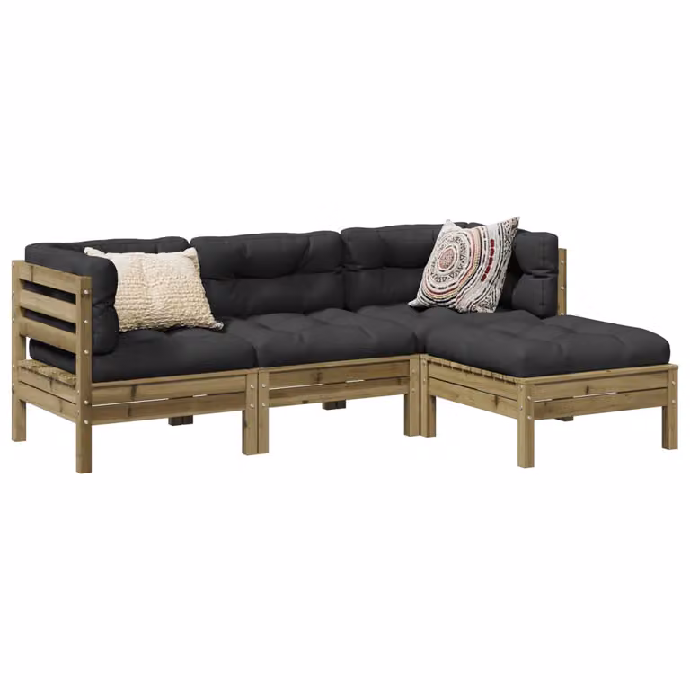 Set di divani da giardino vidaXL in legno di pino con cuscini, composizione a L con elemento angolare, divano a 2 posti e pouf, colori antracite, marrone e grigio