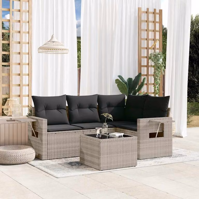 vidaXL Set Divano da Giardino a L 5pz in Polyrattan Grigio con Cuscini e Tavolino