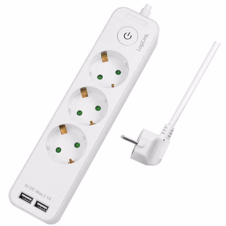 LogiLinkLPS248U Presa di corrente LogiLink, 3 vie + 2x USB, bianco