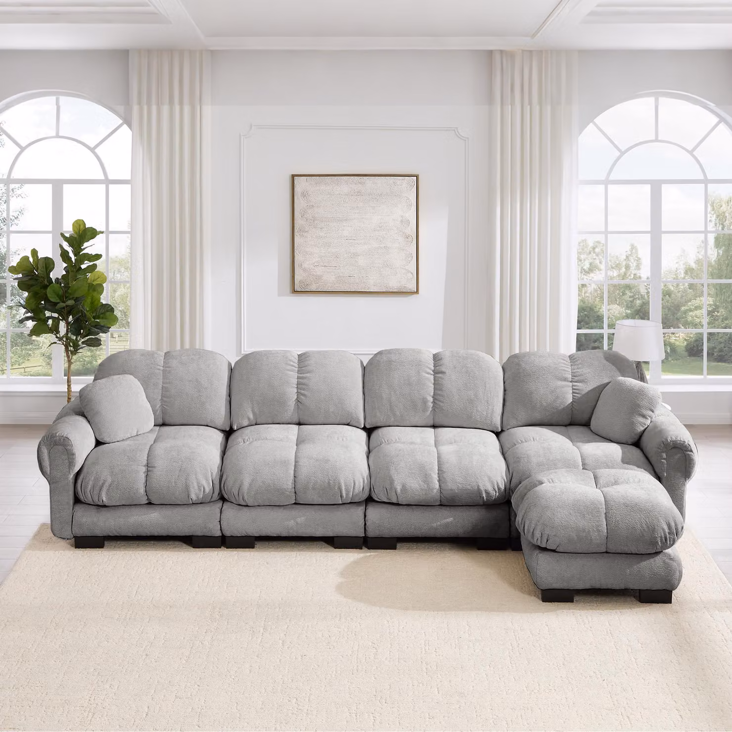 Divano angolare modulare per soggiorno, rivestito in chenille, con chaise longue mobile, design trapuntato (bianco), capacità: 4 posti