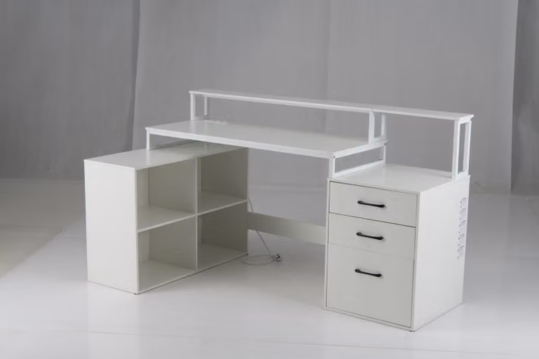 COSTWAY Scrivania a L, 166x90 cm Scrivania angolare con prese elettriche, scomparto portadocumenti, scaffale a cubi, cassetti, supporto per stampante e monitor, tavolo angolare