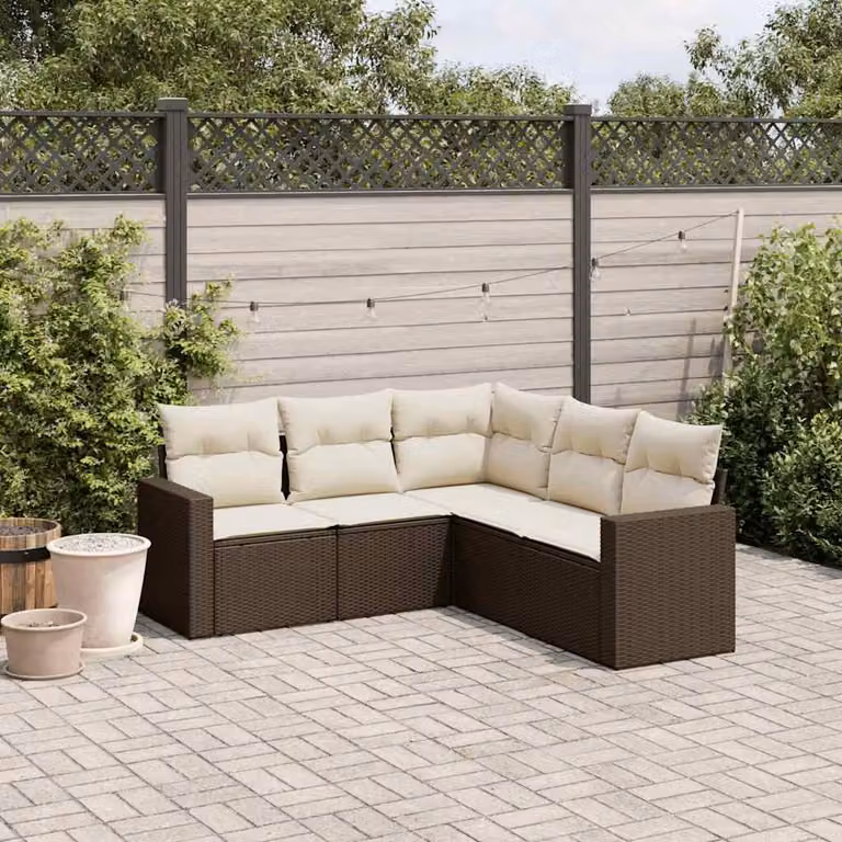 vidaXL Set Divano da Giardino a L 5 pz in Polyrattan Marrone con Cuscini Imbottiti e Rivestimenti Rimovibili