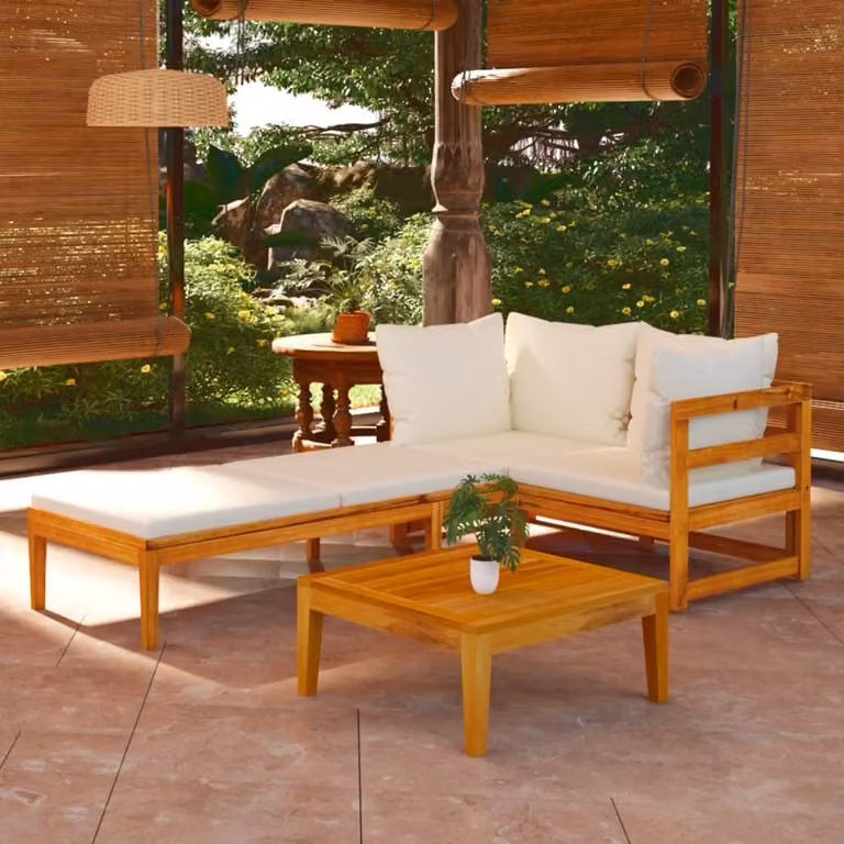The Living Store Set da giardino 3 pezzi con cuscini bianco crema Legno massiccio di acacia