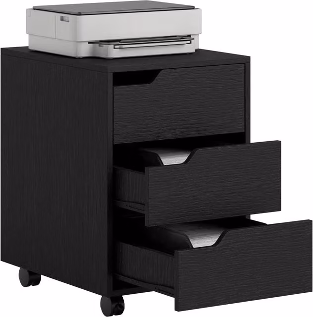 Cassettiera per ufficio Minimal con 3 cassetti e ruote, colore nero opaco, L 40 cm x P 50 cm x H 57,5 cm