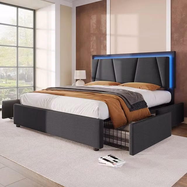 Letto singolo imbottito con LED - Xylo - 140x200cm - Grigio - Con 2 cassetti e materasso