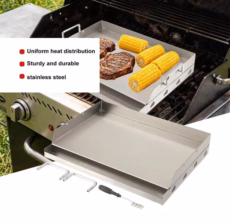 Piastra per barbecue - Ampia piastra in acciaio inossidabile - Con maniglie - Adatta per barbecue a gas, a carbone e a Vetroceramica - Utilizzabile anche in forno - Ideale per campeggio e attività all'aperto