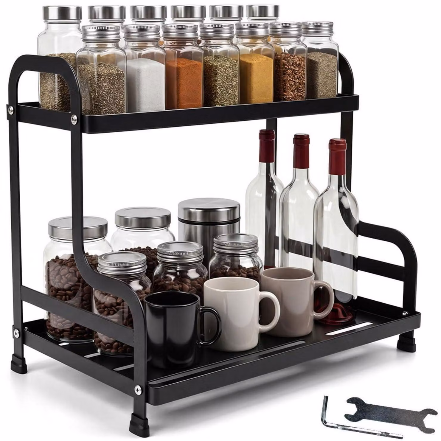Organizzatore per caffetteria a 2 piani, in metallo, colore nero, dimensioni 32,5 x 30 x 22 cm