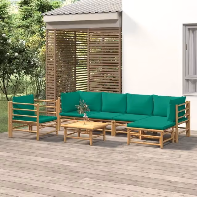 Set Salotto da Giardino vidaXL in Bambu con 7 Pezzi e Cuscini Verdi