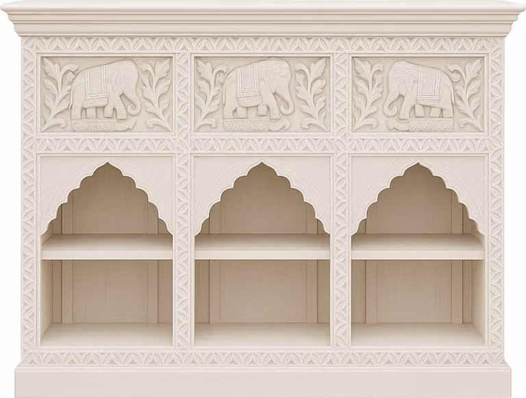Cassettiera orientale Marrakech Hasana -3- intagliata a mano in legno massiccio con motivo a elefante | scaffale indiano in stile boho vintage | credenza con scomparti aperti | mobile unico 132x95x41cm