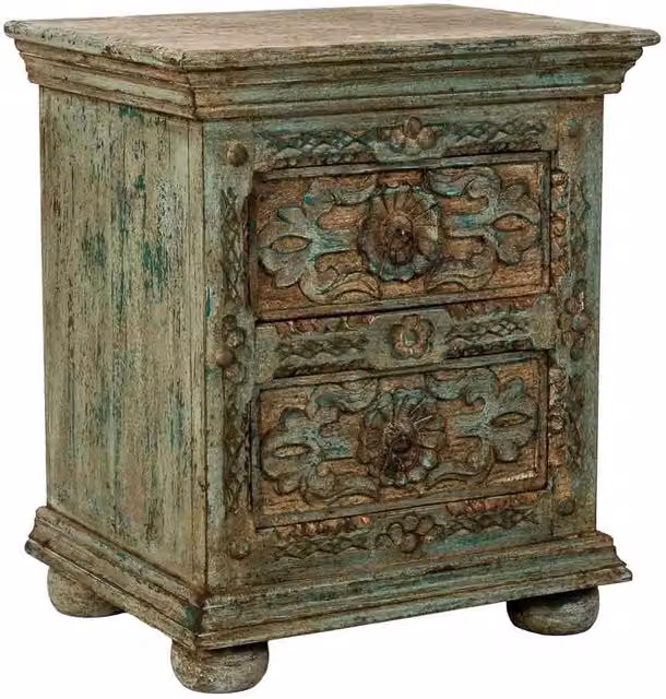 Comodino in legno artigianale, blu, con 2 cassetti, 50x40x60h cm
