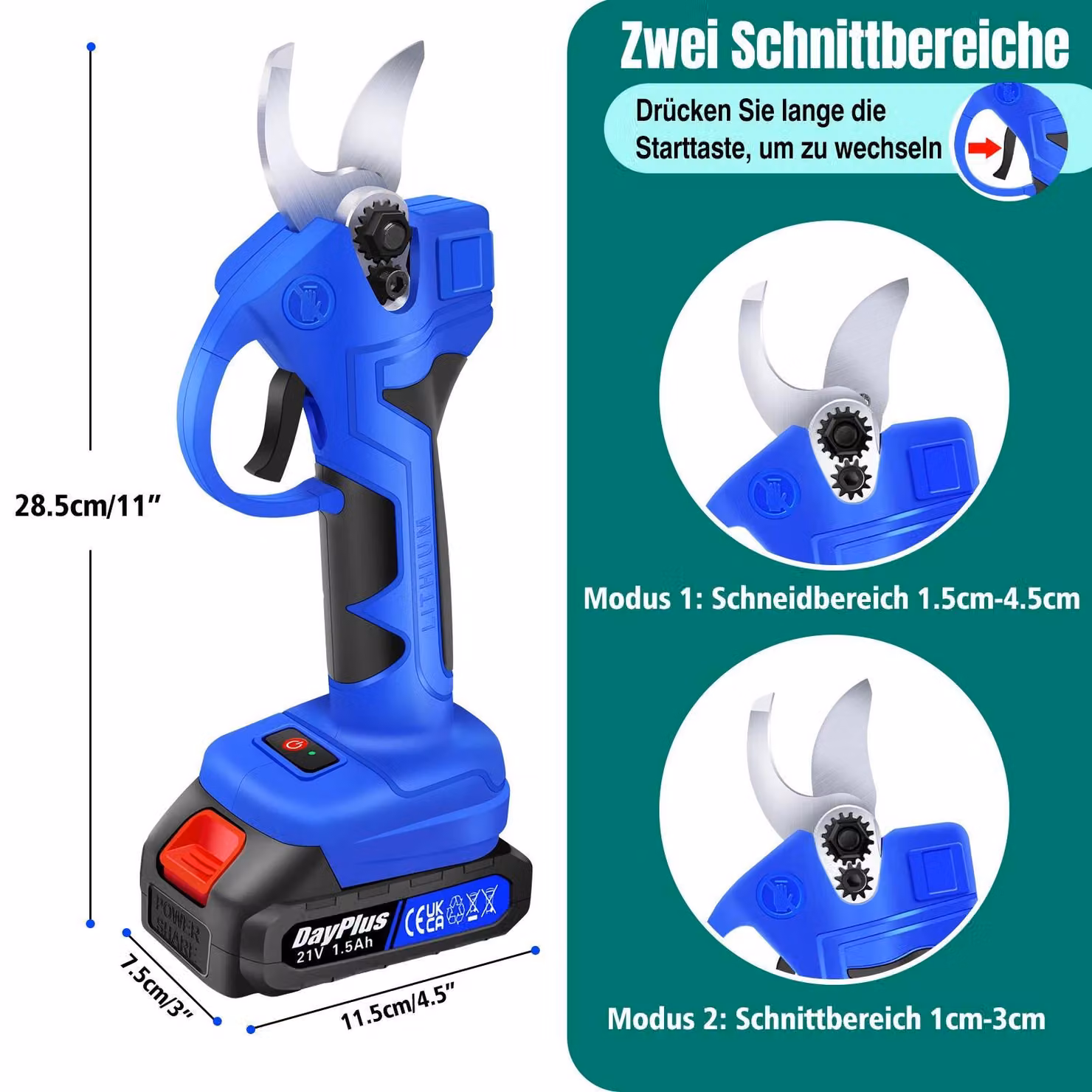 Forbice elettrica da giardino - Potatore a batteria - Senza fili, diametro di taglio di 30 mm - 2 batterie da 1,5 Ah e caricabatterie - Ideale per potare rami, viti e rose