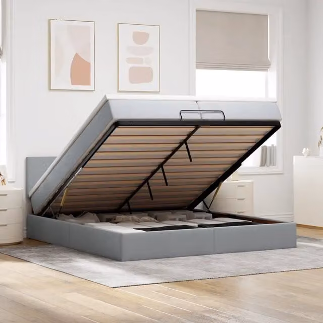 Letto con contenitore a sollevamento e materasso vidaXL in tessuto grigio e bianco L: 200 cm, P: 200 cm, H: 88 cm