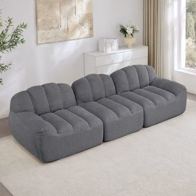 Divano modulare 3 posti con ottoman collegabile in fleece granulato grigio