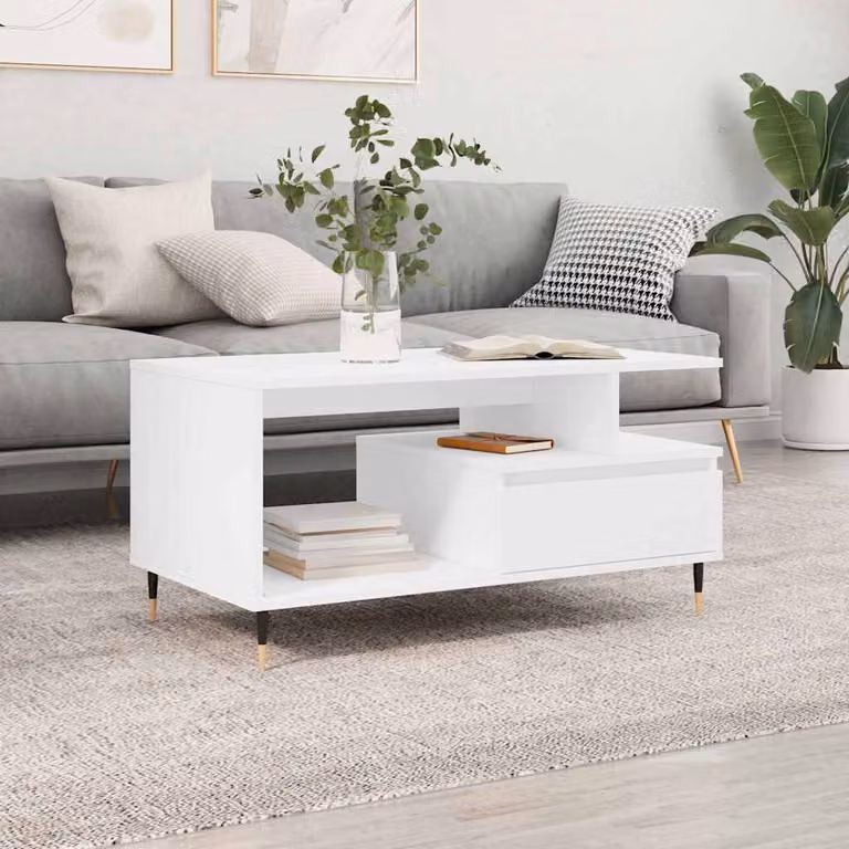vidaXL Tavolino da Salotto Moderno Bianco L: 90 cm, P: 49 cm, H: 45 cm in Legno e Metallo