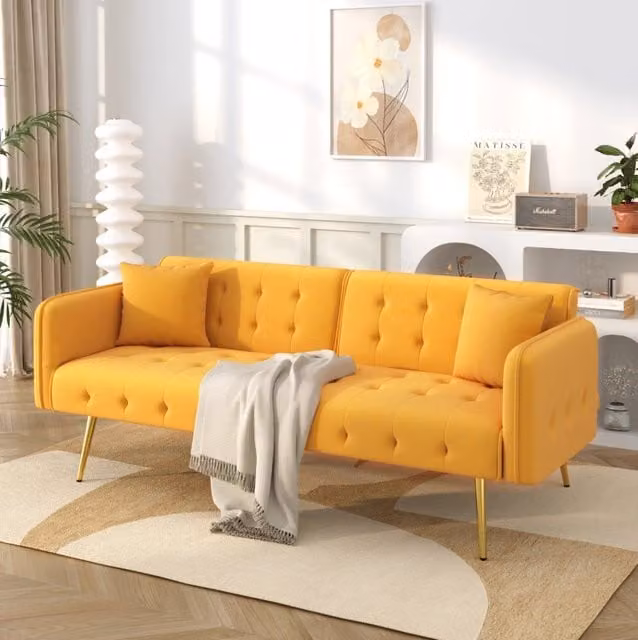 Divano letto a 2 posti convertibile con schienale e braccioli regolabili; 215x81;5 cm; velluto giallo
