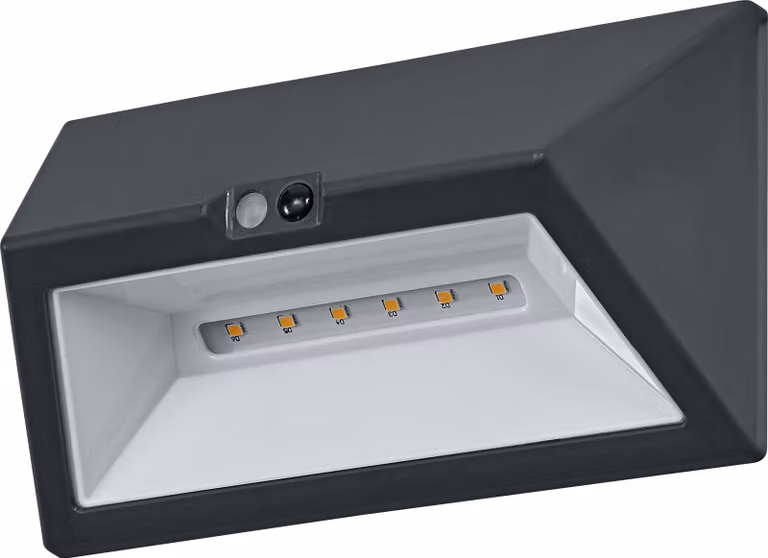Lampada da esterno OSRAM, grigio scuro, 1,5 W, 110 lm, 3000 K, angolo di illuminazione di 55°, durata di 25.000 ore, grado di protezione IP44, sensore di movimento PIR, funzione di ricarica USB-C