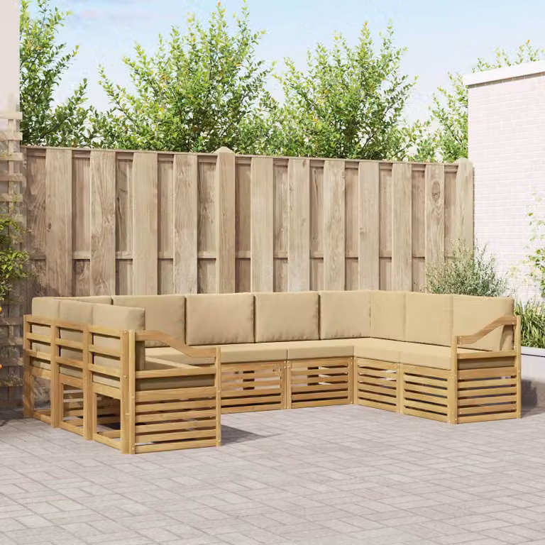 vidaXL Set di divani da esterno a L composto da 9 pezzi in legno di acacia con cuscini bianchi e beige