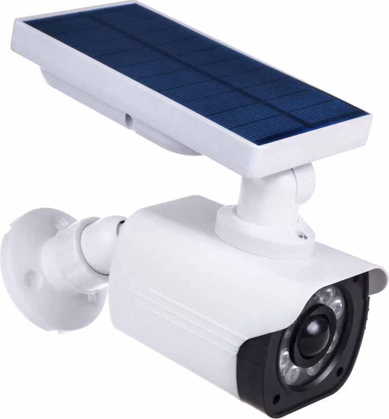 Telecamera fittizia con luce LED Telecamera di sorveglianza Rilevatore di movimento PIR Telecamera fittizia Alimentata ad energia solare Adatta all'uso esterno IP66 Impermeabile