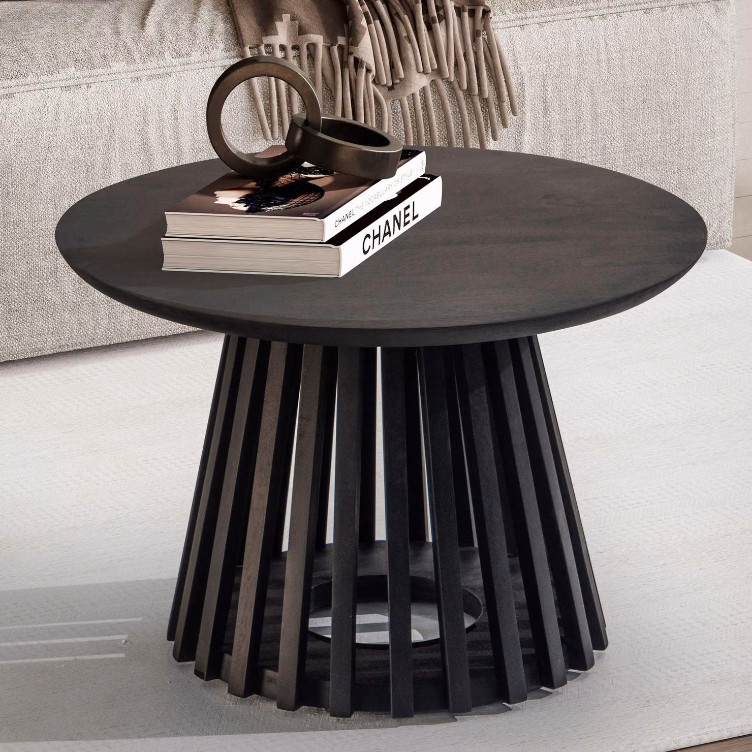 FineBuy Tavolino da salotto in legno massello di mango rotondo Ø 60 cm Nero · Tavolino da salotto moderno Tavolino da divano fatto a mano Design Japandi