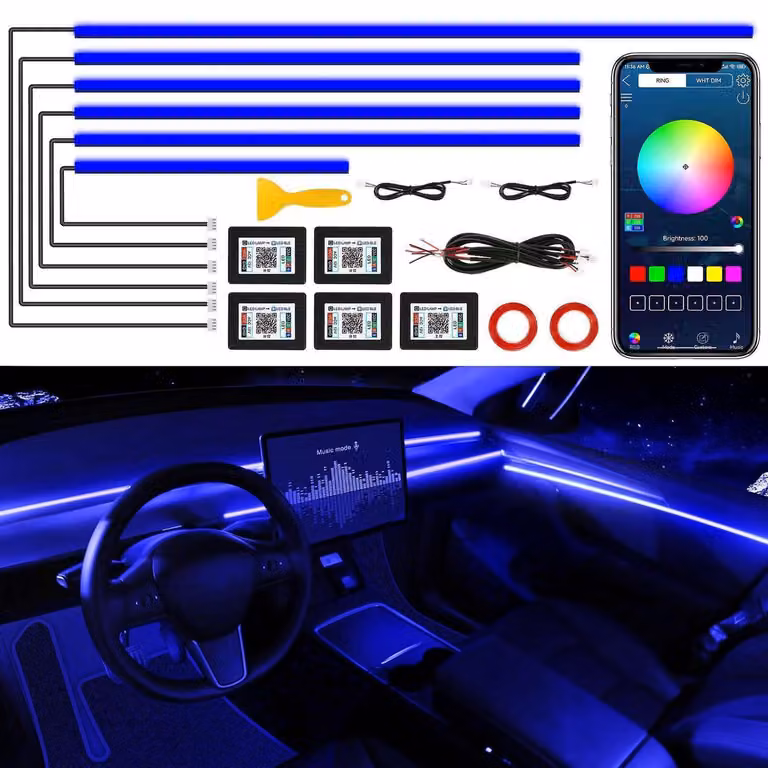 Illuminazione ambientale a LED per interni auto, 6 funzioni in 1, controllo RGB tramite app con sincronizzazione musicale, 175 pollici, 593 LED, strisce neon in fibra ottica acrilica, 12V