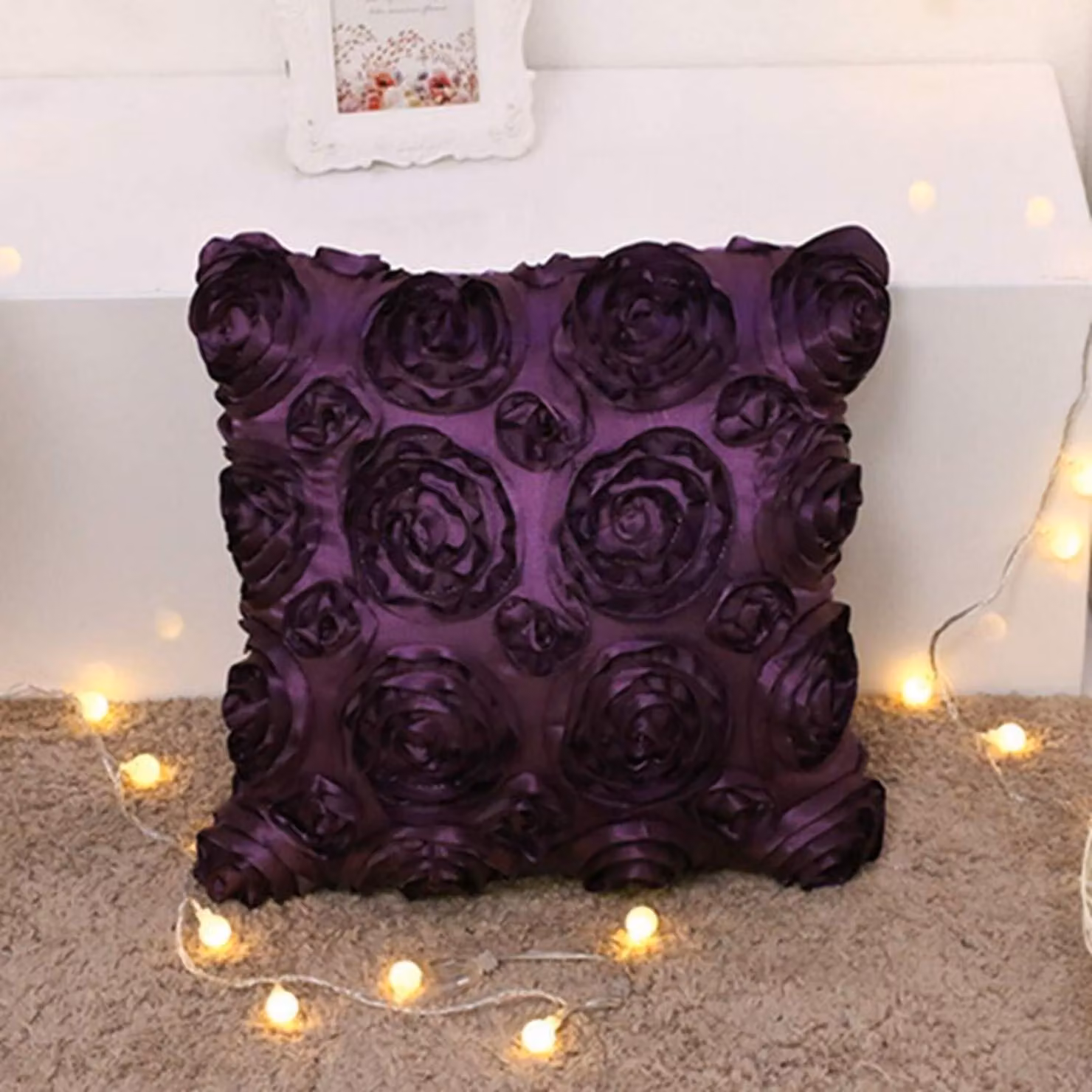 Cuscino decorativo, 40x40 cm, colore viola, motivo rosa in 3D, realizzato in microfibra effetto seta