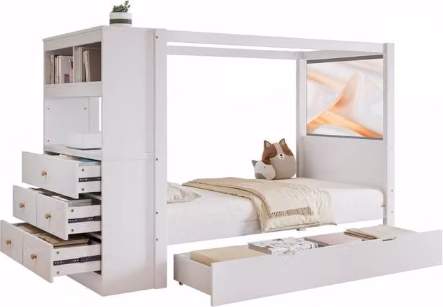 Letto singolo per bambini moderno bianco con barriera di sicurezza e contenitori laterali L/P/H: 200 x 90 x 94 cm – 1