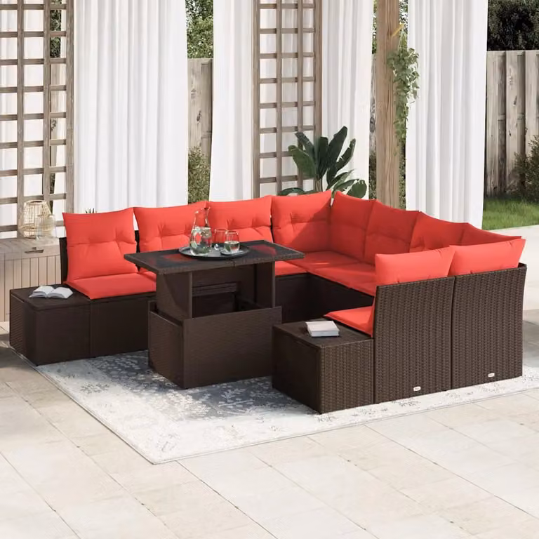 Set Divano da Giardino vidaXL 9 pz a Forma a U in Polyrattan Marrone con Cuscini e Tavolino da Esterno