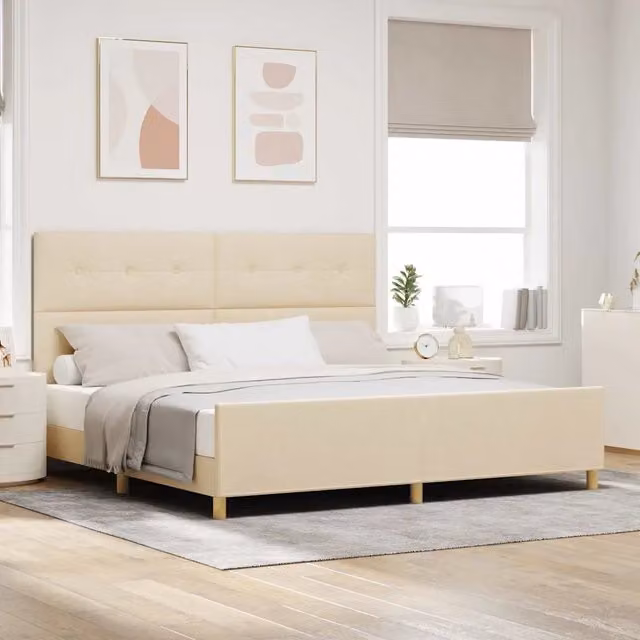 Struttura del letto con testiera vidaXL in tessuto beige e legno, L/P/H: 200 x 200 x 128 cm
