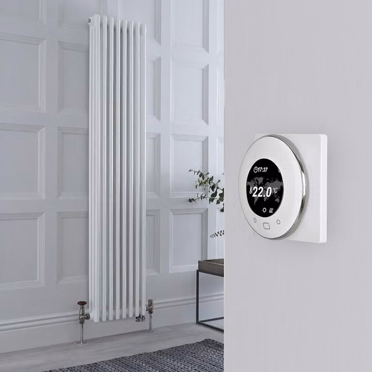 Radiatore Misto Verticale Bianco Triplo con Valvole in Nichel Satinato con Termostato WiFi - 1800mm x 380mm - Regent
