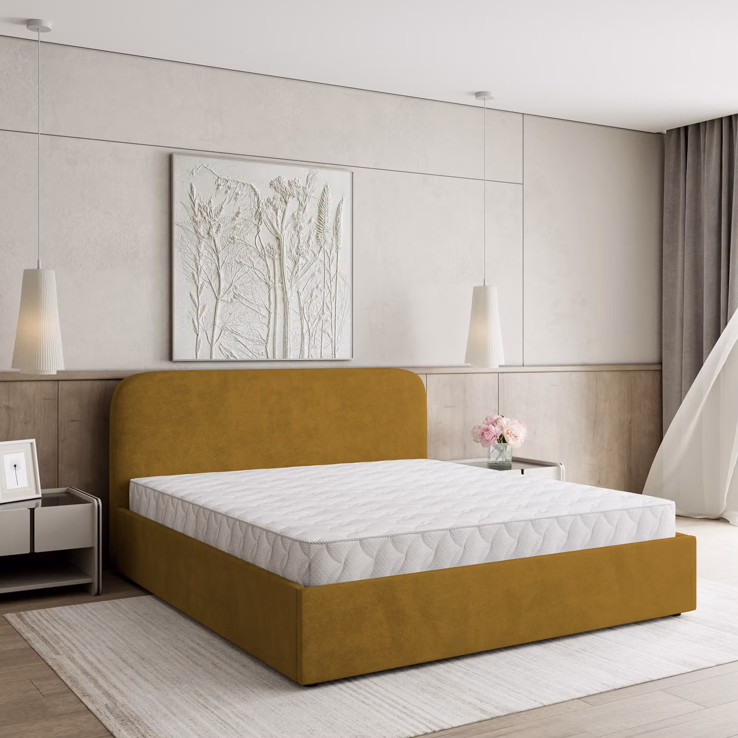 Masseno Letto imbottito RENIVE 140x200 cm, Letto imbottito con giroletto - Giallo, KRONOS 01