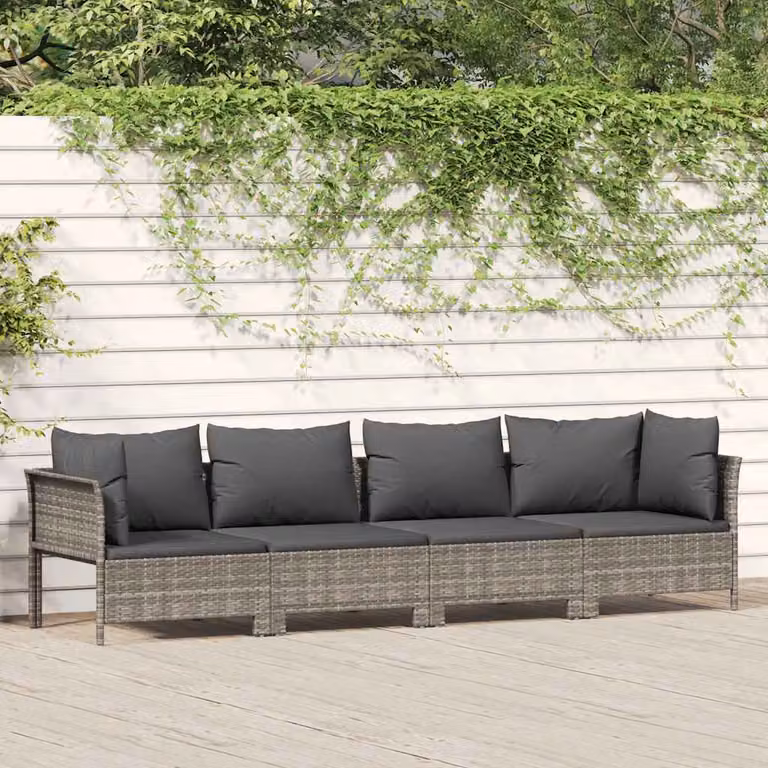 Set da giardino moderno vidaXL a forma di L composto da 4 pezzi con cuscini grigi e struttura in metallo e rattan