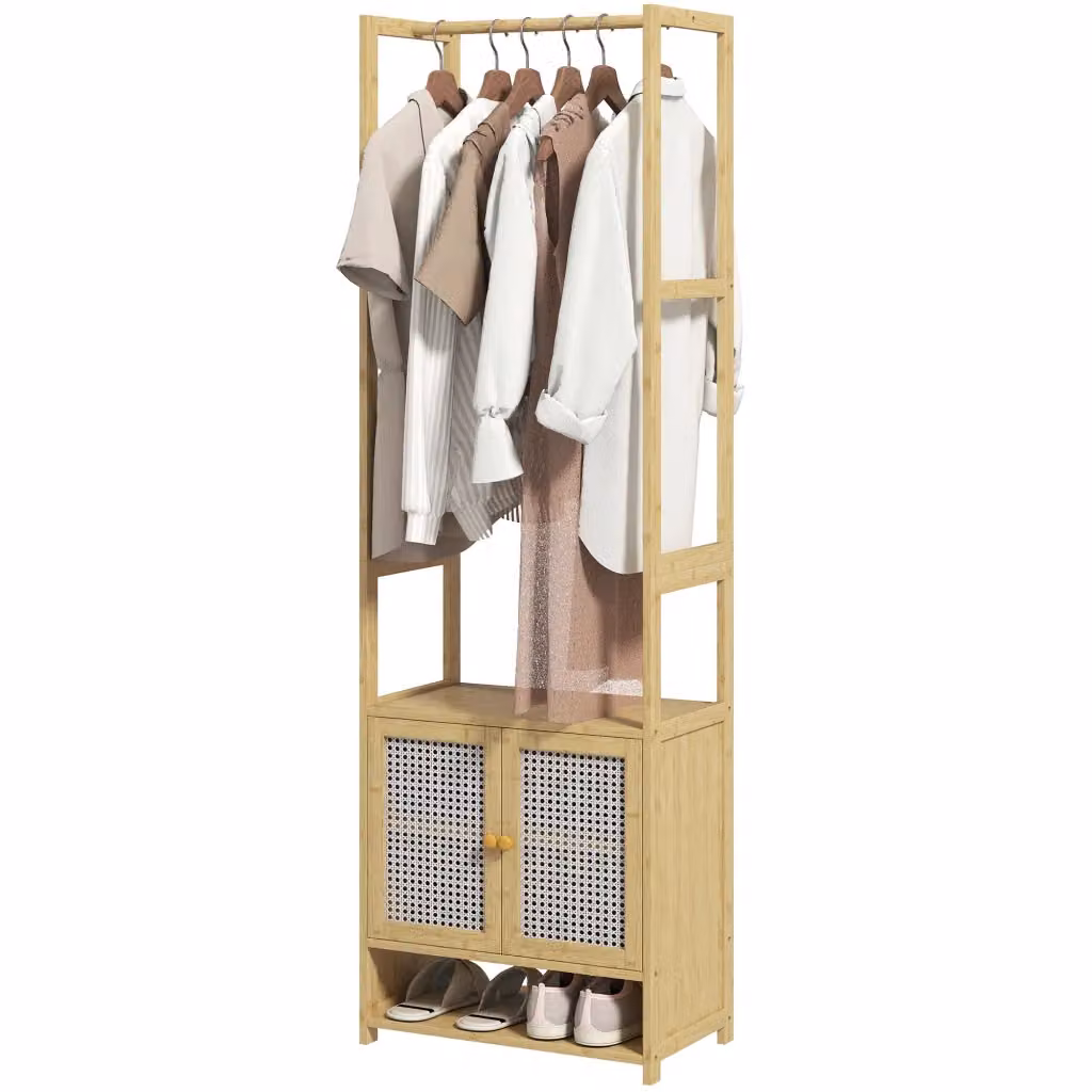 Scarpiera in bambù Zephmum con appendiabiti e ripiani, colore beige e marrone, L: 53 cm, P: 31 cm, H: 168 cm – 2