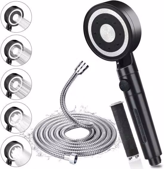 Soffione doccia ad alta pressione con 5 getti, soffione doccia a risparmio idrico con filtro, nero, per adulti, bambini e animali domestici