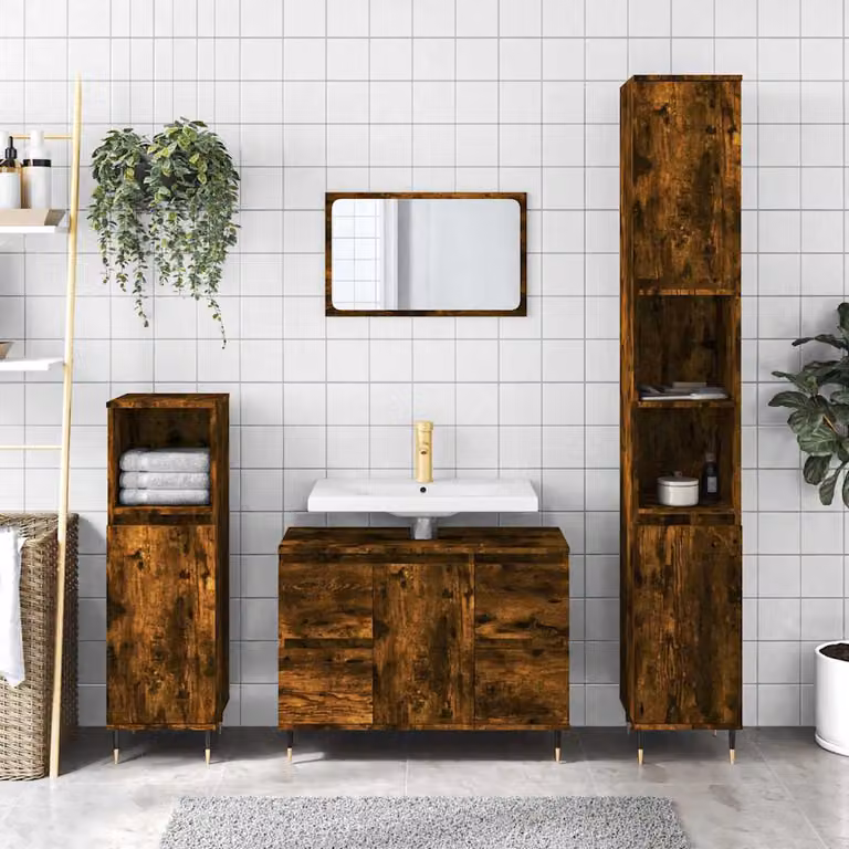Armadietto da bagno vidaXL in legno Rovere Fumo, stile industriale, L: 80 cm, P: 33 cm, H: 60 cm