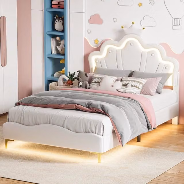 Letto matrimoniale 140x190 cm,letto per bambini con illuminazione a LED,letto da principessa letto per bambine con Testiera a Forma di Nuvola,senza materasso