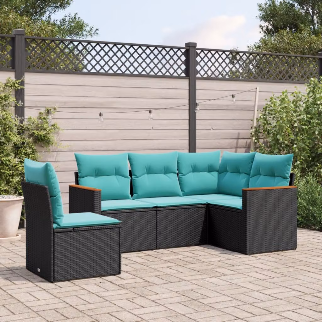 Set di divani da giardino vidaXL in polyrattan nero con cuscini, design moderno a forma di L per esterno