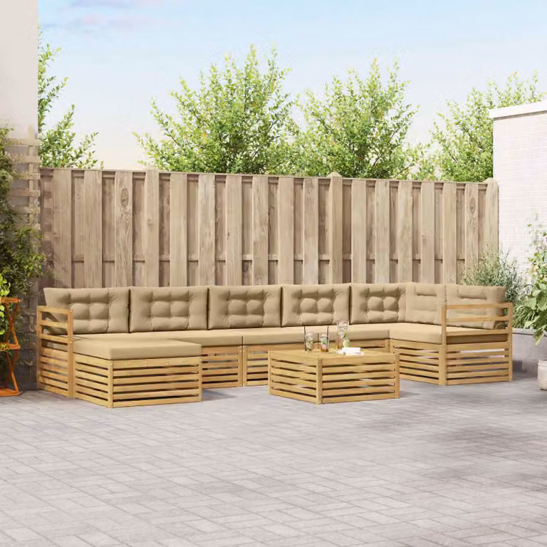 Set di divani da esterno vidaXL 8 pz in legno di acacia con cuscini Bianco e Beige